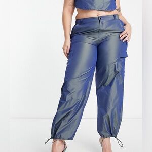 ASOS DESIGN Curve oversized parachute pants in iridescent blue